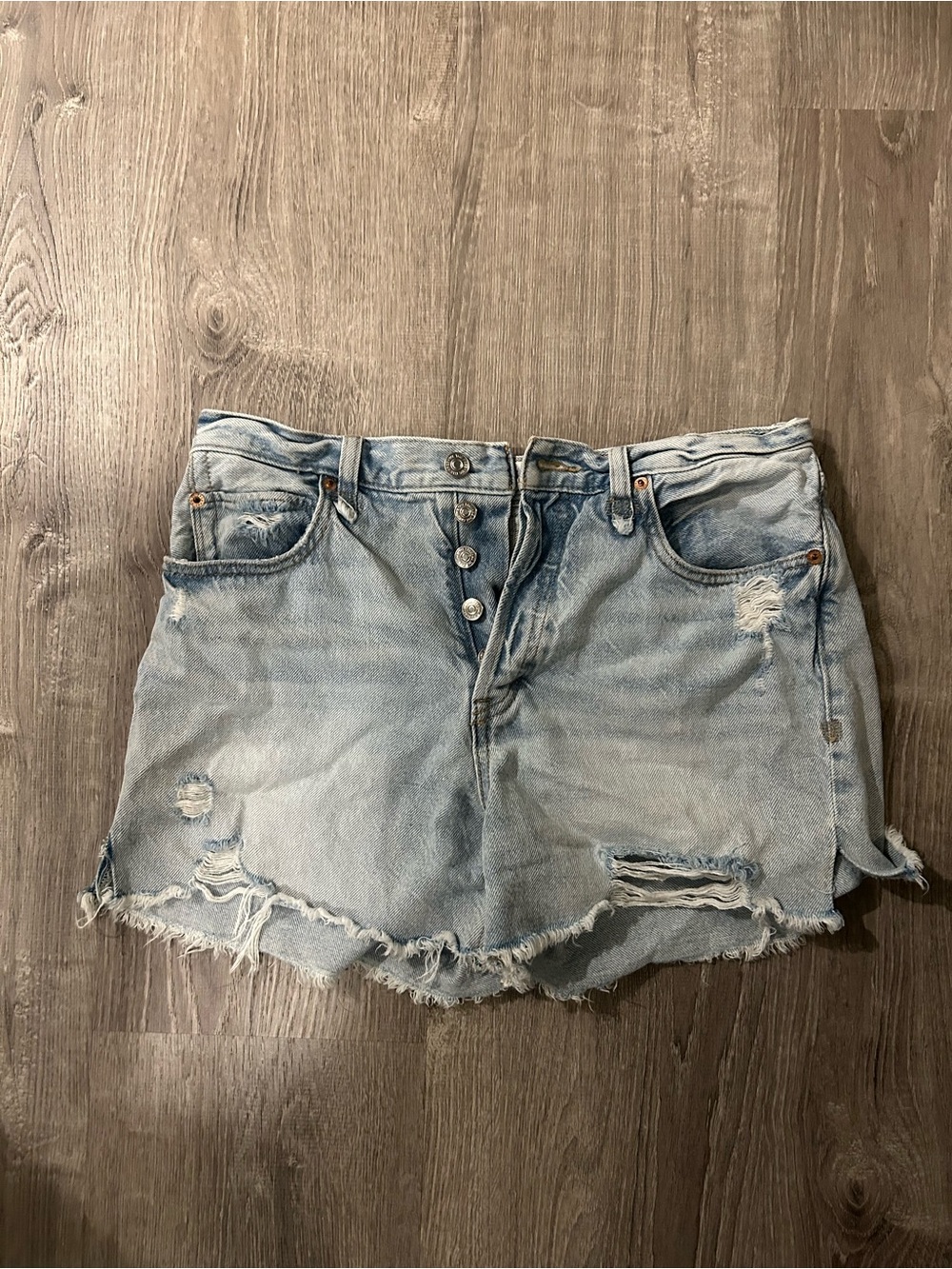 We the Free Light Wash High Rise Distressed Denim Shorts with Button Fly